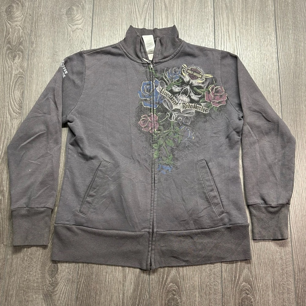 Harley-Davidson Womens Y2K Large Live Hard Ride Harder Skull Zip Up Sweatshirt